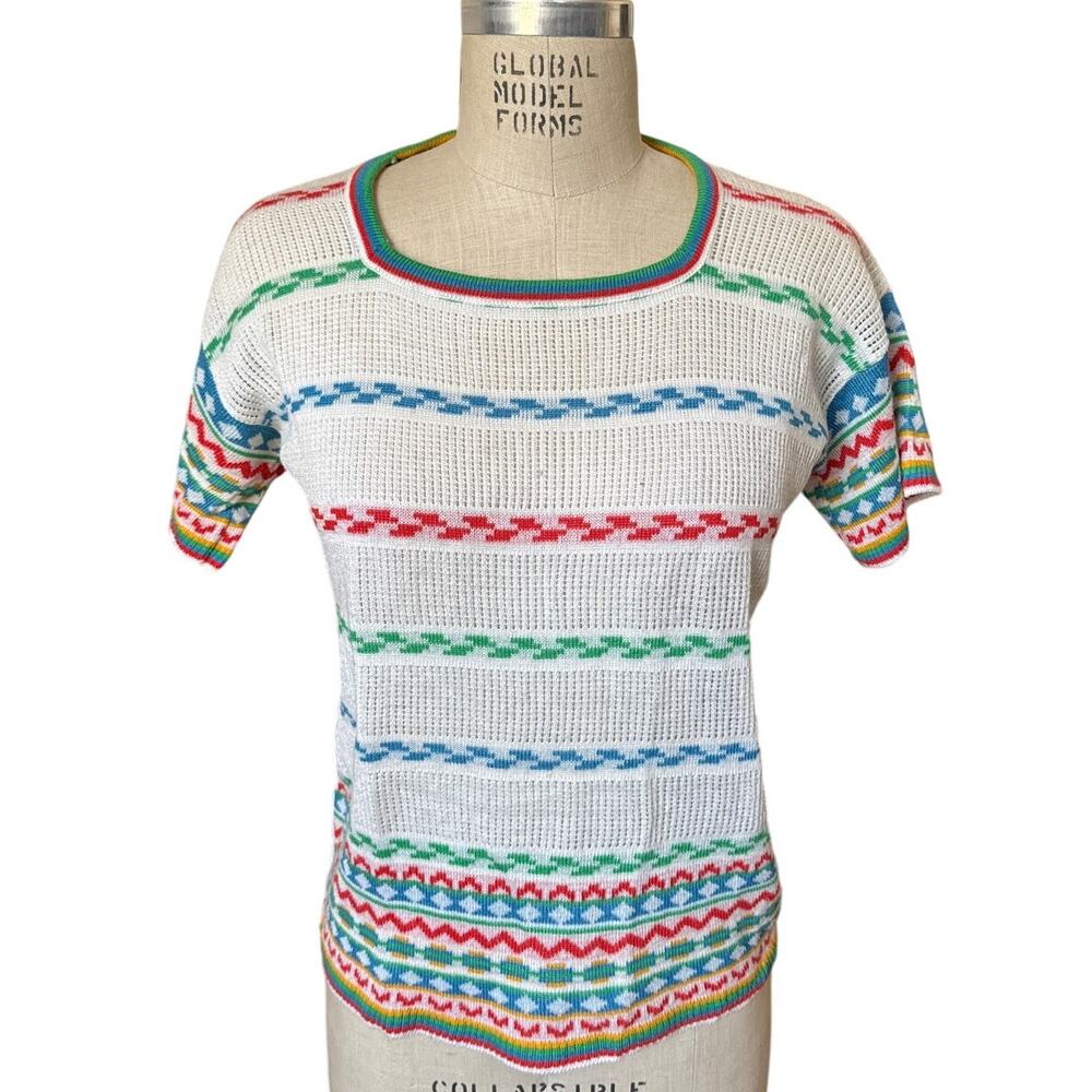 Vintage 80s Knit Colorful Striped Short Sleeve Shirt Size Medium